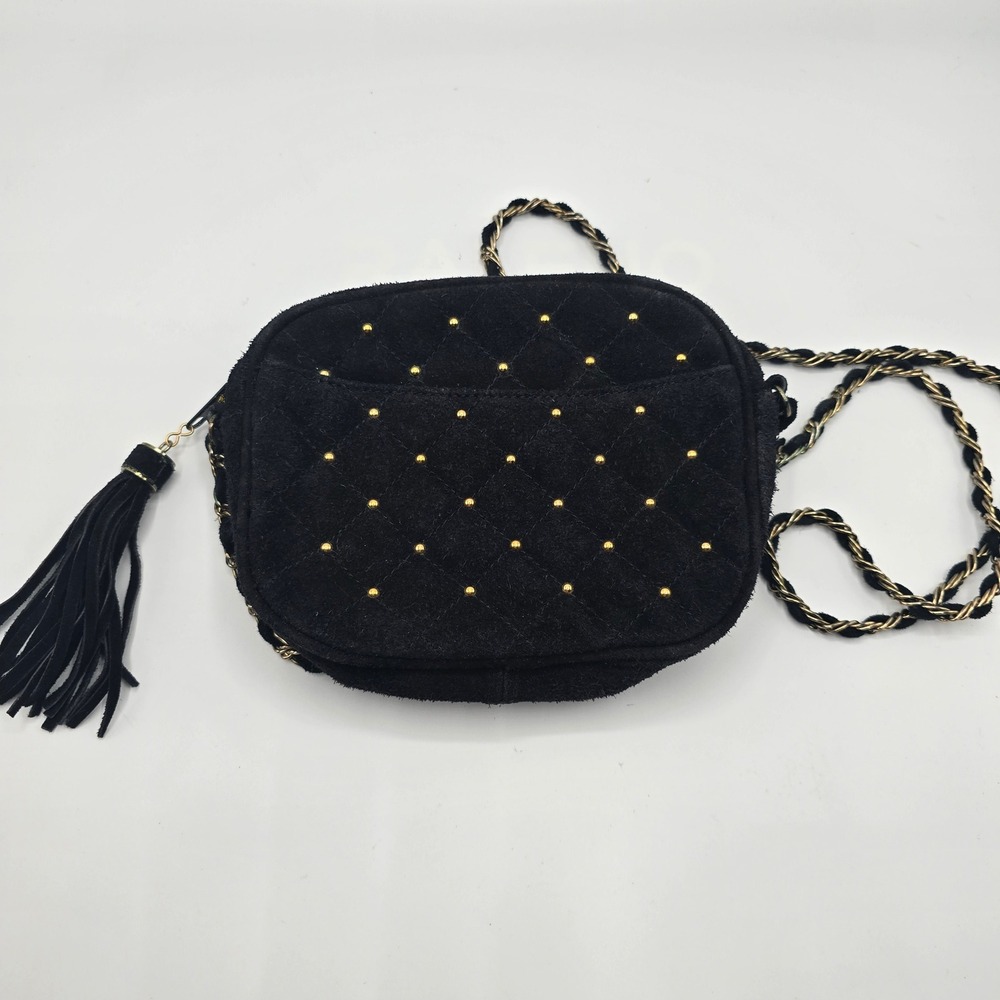 Vtg Express Black Quilted Suede Gold Studded Tassel Chain Small‎ Crossbody Bag